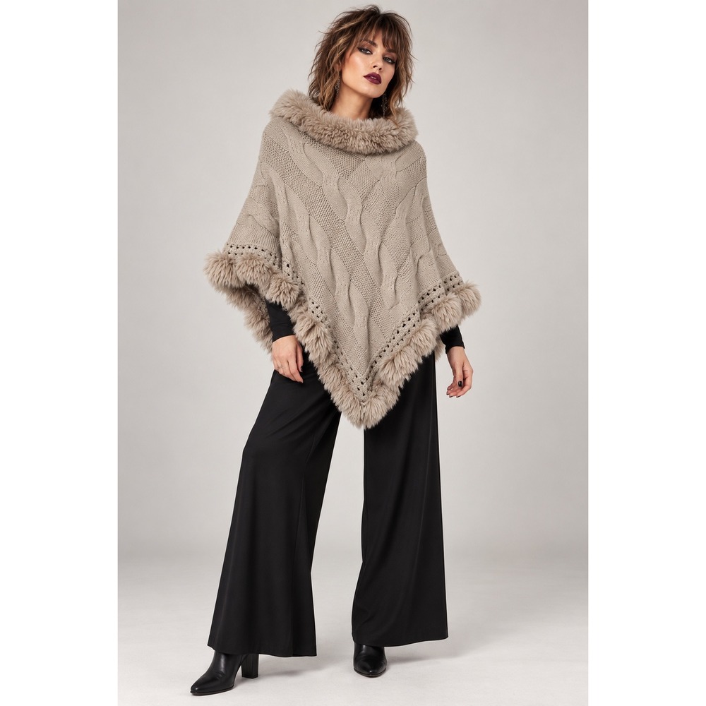 Soft Surroundings Taupe Cable Knit Faux Fur Trim Poncho Cape